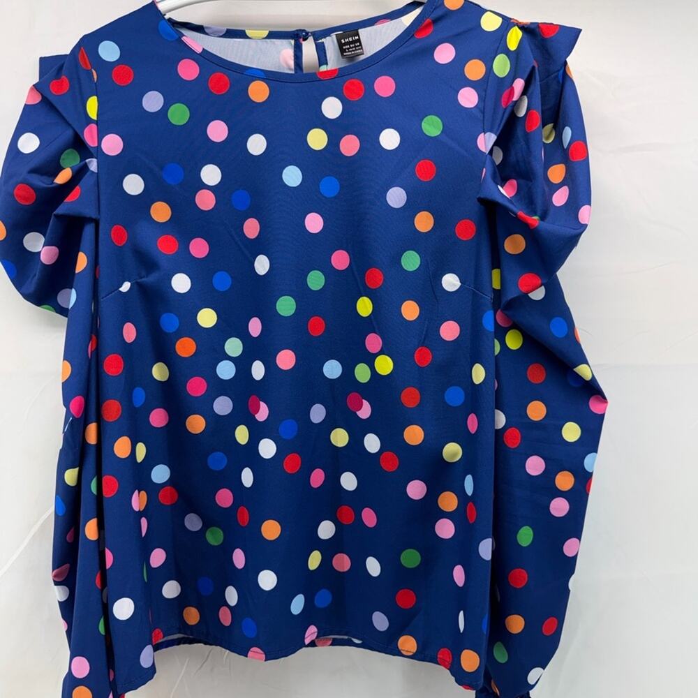 SHEIN Womenās Large Blue Multicolor Polka Dot peasant ruffle, long sleeve Blouse